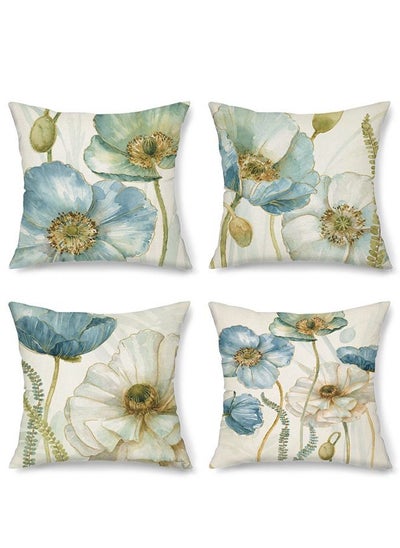 Buy Lotus Blossom Leaf Throw Pillow Covers Set of 4 Square Linen Waist Pillow Home Decorations for Sofa 45x45cm in UAE