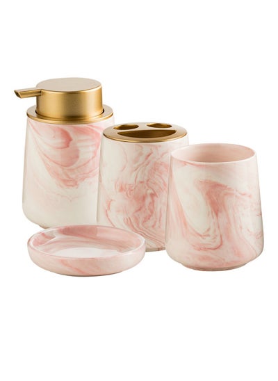 Buy Modern Bathroom Decoration Marble Pattern Bathroom Accessory Set Ceramic Bath Accessory Set Deluxe Bath Accessory with Soap Dispenser Set of 4 Pieces Pink in UAE