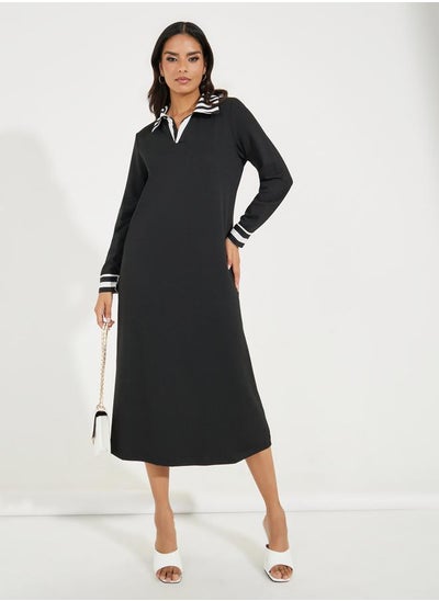 Buy Contrast Striped Collared Midi Dress in Saudi Arabia