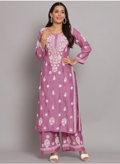 Buy Hand Embroidered Chikan Chanderi Straight Kurta Palazzos-AL3671KS in UAE