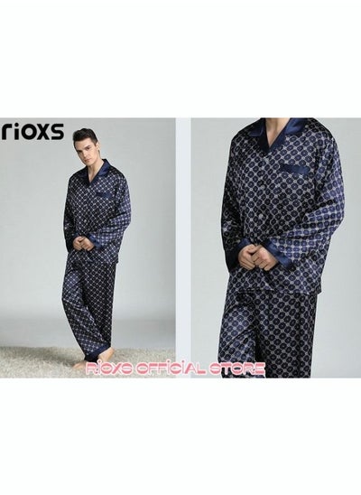 Buy Men's 2 Pcs Satin Pajamas Set Silk Long Sleeve Top And Pants Button Up Sleepwear Classic Loungewear Nightwear Pajamas Set in UAE