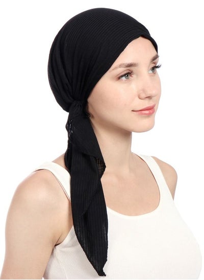 اشتري Women's Solid Color Wrinkle Turban Cotton Chemo Hat Casual Windproof Head Scarves Slip-On Pre-Tied Hijab  for Ladies All Seasons Black في الامارات