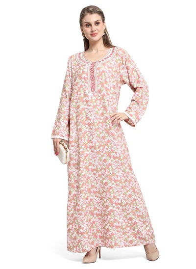 اشتري MULTICOLOUR SMALL FLORAL PRINTED WITH EMBROIDERD ARABIC KAFTAN JALABIYA DRESS في السعودية