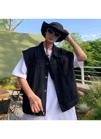 Buy 2023 Korean Style Washed Old Denim Vest Mens Shoulder Pad Sleeveless Short Jacket Laps Fashionable Brand Vintage Loose BreakBlack Black in Saudi Arabia