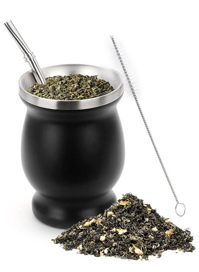 اشتري Yerba Mate Tea Cup, Stainless Steel Double Walled Easy Wash Household Insulation Gourds for Loose Leaf Drinking with Bombilla Straw, Black, 230 ML في السعودية