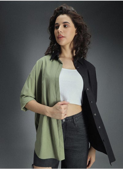 Buy Multicolor Oversized Colorblock Shirt for Women, Spread Collar, Long Sleeves, Cotton in UAE