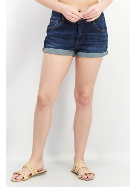 Buy Women  Washed Cuffed Hem Denim Short, Navy in UAE