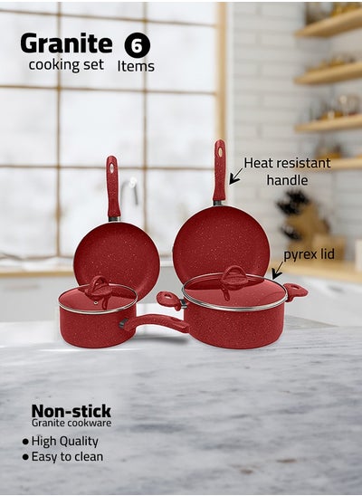 اشتري 6 Pieces Turkish Granite Cookware Set with Pyrex Lid - Red في السعودية