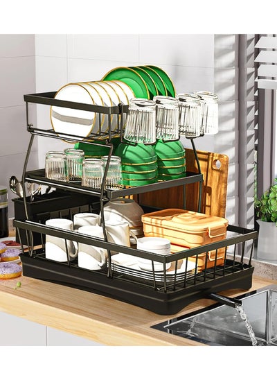 Buy Large Dish Drying Rack For Kitchen Counter, Detachable Large Capacity Dish Drainer Organizer with Utensil Holder, 2 Tier Dish Drying Rack With Drain Board in UAE