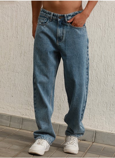 Buy Blue Relaxed Fit 100% Cotton Mid-Rise Jeans in UAE