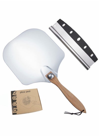 Buy Pizza Peel Set, 12inch Stainless Steel Pizza Shovel and Pizza Cutter, Wooden Handle Pizza Spatula for Pizza Oven, Pastry, Baking Homemade Pizza, Pizza Paddle Pan for Bread Pies & Cookies Cake in UAE