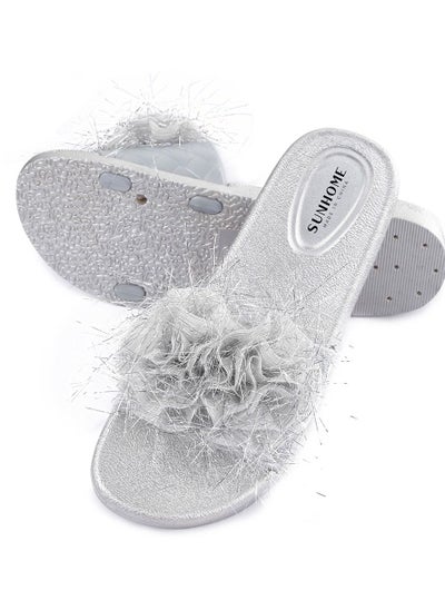 Buy Flower Embellished Flat Sandals Silver in Saudi Arabia