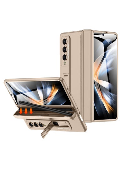 Buy Case Compatible with Samsung Galaxy Z Fold 4, Magnetic Thin Body Metal Frame with Hidden S Pen Holder, Hinge Screen Protector Magnetic Kickstand with Lens Camera Protector Cover (Gold) in Saudi Arabia