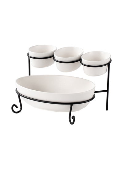 اشتري Shallow Porcelain 2-Tier Oval Serving Set with Black Stand Rack - 3x 10cm and 1x 24cm في الامارات