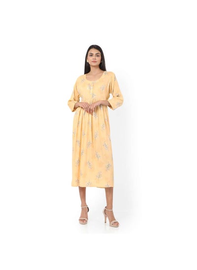 Buy SHORT YELLOW COLOUR STYLISH HIGH QUALITY PRINTED WITH FRONT BUTTONED STYLED ARABIC KAFTAN JALABIYA DRESS in Saudi Arabia