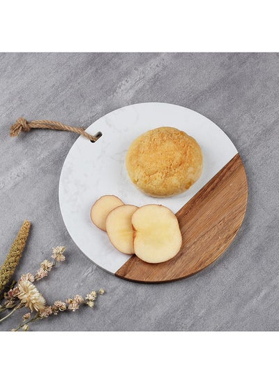 Buy Luster Round Chopping Board Acacia Wood plus Artificial Marble Cutting Board Best For Food Preparation Vegetables Fruits Meat For Kitchen & Dining Room L25Xw25Xh1.5Cm - White in UAE