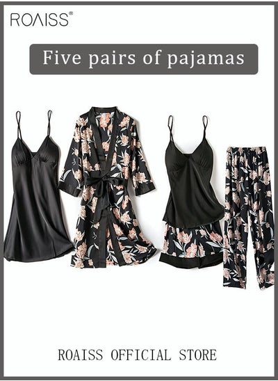 اشتري 5-Pack Women's Pajama Set Sling with Chest Pad Nightdress Sweet Sleepwear Home Wearing Clothes Suits Ladies Floral Printing Nightwear Lingerie Robe Underwear Shorts Summer Spring Black في الامارات