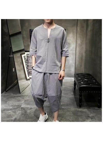 اشتري Mens Cotton Linen Tang Suit Ethnic Hanfu Retro Set Light gray في السعودية