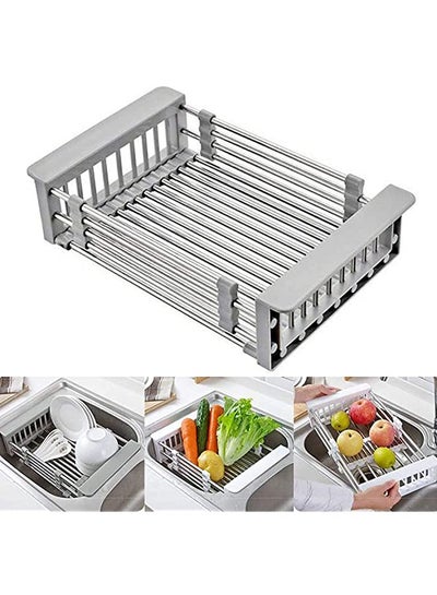 Buy Extendable Over the Sink Stainless Steel Colander Fruits and Vegetables Drain Basket Adjustable Strainer Sink Washing Basket Dish Drying Rack (L, Grey) in Saudi Arabia