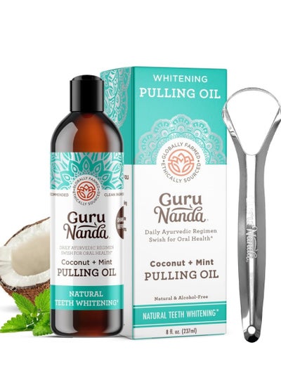 Buy 8 Fl.Oz GuruNanda Oil Pulling with Coconut & Peppermint Oil + Tongue Scraper - Natural, Alcohol-Free Mouthwash for Fresh Breath, Teeth Whitening, and Healthy Teeth & Gums in Saudi Arabia