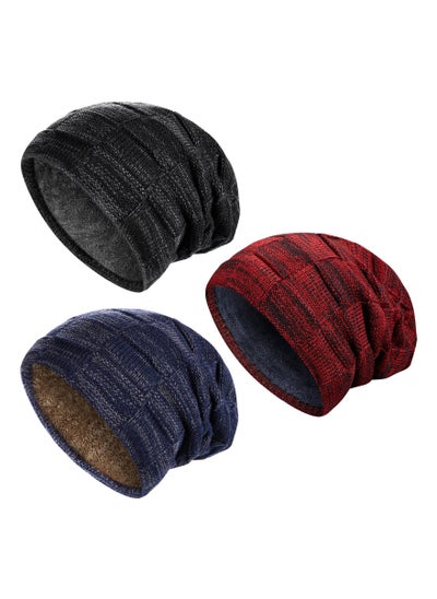 اشتري 3Pcs Men Winter Beanie Hat Warm Slouchy Hats Men Knitted Beanie Hats Fleece Lined Skull Cap for Men (Black, Wine Red, Navy Blue) في السعودية