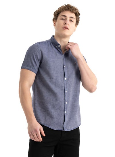 Buy Shirt Men's Stylish Half-sleeve Plaid Oxford, Blue in Egypt