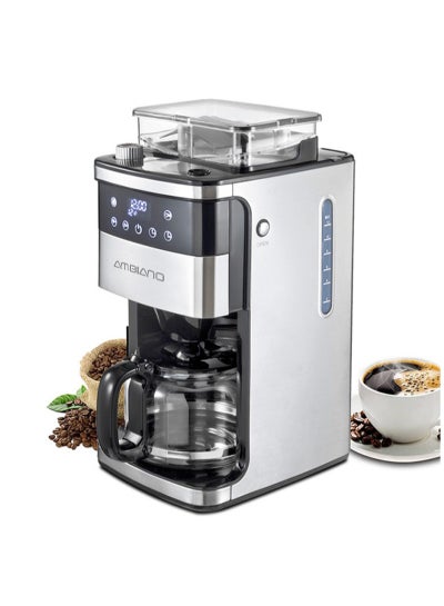 Buy 12-Cups Automatic American Drip Coffee Machine Built-in Coffee Bean Grind Function 200g 1.6L 900-1050W Silver in Saudi Arabia
