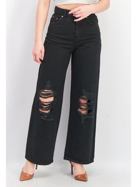 Buy Women Regular Fit Denim Wide Leg Jeans, Black in Saudi Arabia