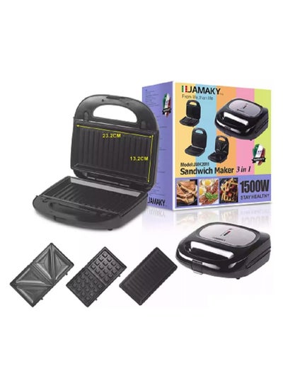 Buy Jamaki 3 in 1 Sandwich Maker 1500W - JMK 2011 Waffle, Sandwich and Samosa Maker with Non-stick Coating, Compact Design, Fast Heating and Easy to Clean. LED Light - Adds a Modern Touch and Indicates the Power Status of the Device (Italian) in Egypt