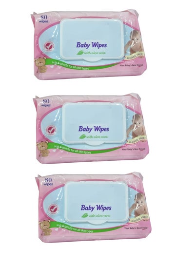 Buy Baby Wet Wipes With Aloe Vera Soft And Gentle Pack of 3 x 80 in Saudi Arabia