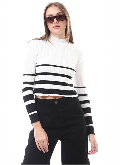 Buy Mock Neck Striped White & Black Pullover in Egypt