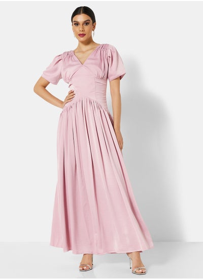 Buy V-Neck Pleated Dress in UAE