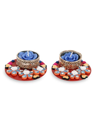 Buy 2-Piece Decorative Paper Quilling Diya Set with Blue Rose Candles, Multicolour in UAE