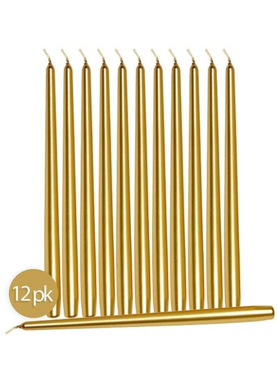 Buy Set of 12 Gold Taper Candlesticks | 10 Inch (25cm) Tall Taper Candles | Dripless Dinner Candle Sticks | Natural Wax with Cotton Wicks | 8 Hour Burn Time in UAE