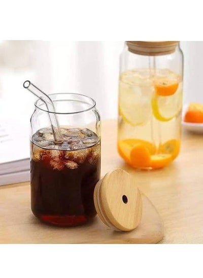 Buy Glass juice cup with wooden lid and straw 4  pieces in Egypt