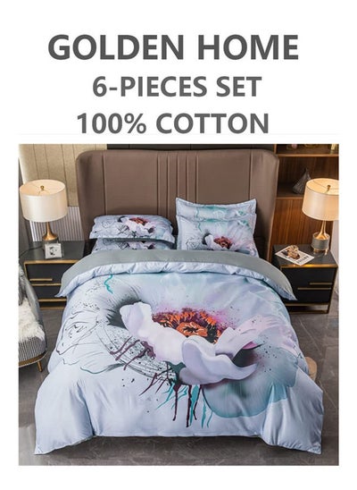 Buy 6-Piece King Size Printed Cotton Duvet Cover Set Includes 1xFitted Bedsheet 200x200+30cm, 1xDuvet/Bed Cover 220x240 cm, 4xPillow cover 50x75cm Multicolour in UAE