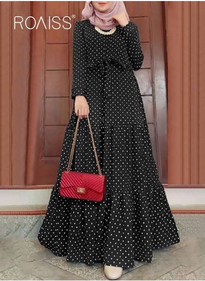 Buy Women's Long Sleeve Vintage Polka Dot Robe Long Skirt Fashion Belt Large Hem Islamic Muslim Clothing in Saudi Arabia