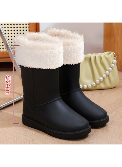 Buy New fashion thickened mid-calf rain boots fleece-lined waterproof womens snow boots non-slip flat warm rain boots womens winter712 snow boots black velvet cover 712 snow boots black velvet cover in UAE