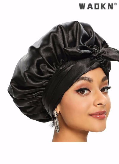 Buy Satin Bonnet for Black Women, Jumbo Silk Bonnet for Curly Hair, Silk Hair Wrap for Sleeping, Satin Bonnet with Stretchy Tie Band, Silk Bonnet for Curly Hair Wraps for Sleeping (Black) in UAE