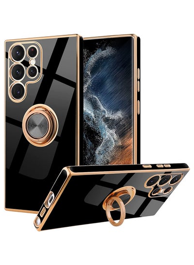 Buy Samsung Galaxy S23 Ultra Case Cover Soft Silicone Luxury Gold Lining Case Rotatable Kickstand Grip Holder Magnetic Car Mount Cover Shock Absorbent Case Black in Saudi Arabia