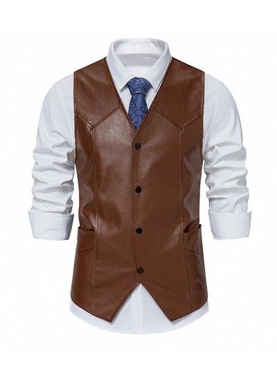 اشتري New Men's PU Leather Solid Color Retro Men's Motorcycle Vest في السعودية