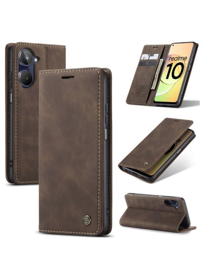 Buy CaseMe Realme 10 4G Wallet Case Book Folding Flip Folio Case with Magnetic Kickstand Card Slots Protective Cover - Coffee in Egypt