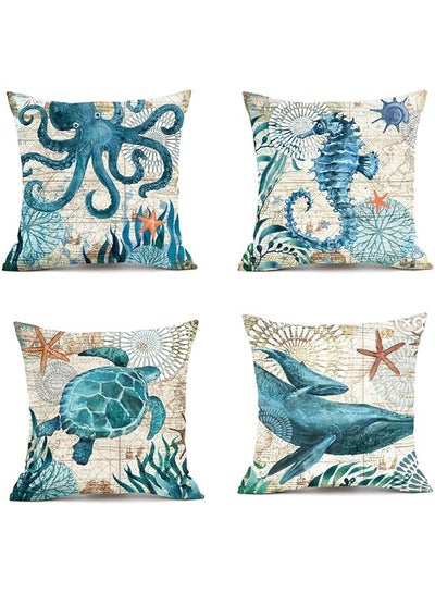 Buy 4Packs Mediterranean Style Throw Pillow Case Sea Theme Decorative Square Cotton Linen Coastal Cushion Cover For 18 in Saudi Arabia