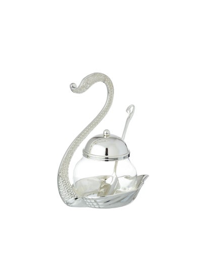 Buy Glass Sugar Bowl With Silver Metal Swan Decorative Holder + Metal Spoon in Saudi Arabia