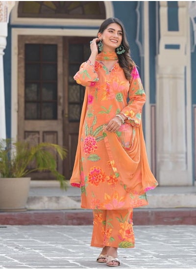 Buy Orange Floral Printed Kurta Set with Chiffon Dupatta | Indian Dress for Women | Traditional Dress Salwar Kameez Kurti Pant Dupatta Set | Ready to Wear Ethnic Kurta Set in UAE