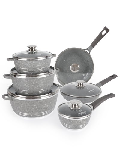 Buy 12-Piece Granite Pots and Pans Set Molded Looped Handles with Premium Glass Lids -Non Stick Cookware Set Includes Casserroles 20/24/28cm, Frying Pans 20/24cm and Sauce Pan 16cm Oven Safe Grey in UAE