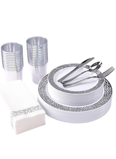 اشتري 175 Pcs Silver Dinnerware Set 25 Guest Disposable Set Lunch Plates Set Part Plates Spoons Food Plates Set في الامارات