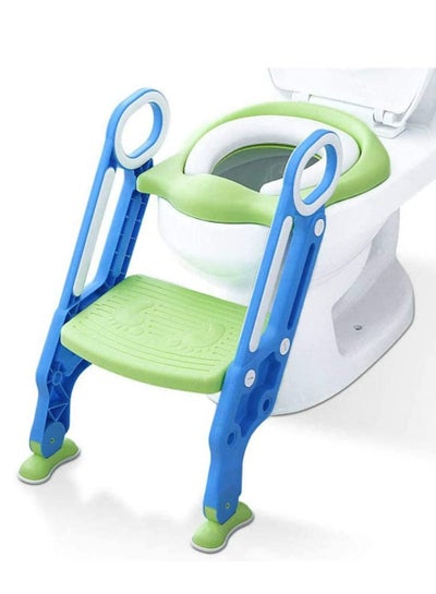 اشتري مقعد مرحاض للتدريب على استخدام الحمام مع سلم مقعد مقعد للبنين والبنات كرسي مقعد تدريب المرحاض للأطفال مع مقابض مقعد مبطن غير قابل للانزلاق خطوة واسعة (أزرق أخضر) في السعودية