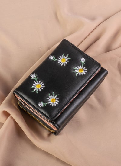 Buy Leather Flip Wallet & CardHolder with 9 Pockets and Zipped Pocket Flowery Black in Egypt