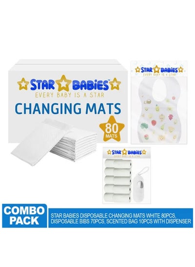 اشتري Combo Packs Changing Mat 80Pcs Scented Bag Pack Of 5 Bibs 70Pcs-White في الامارات